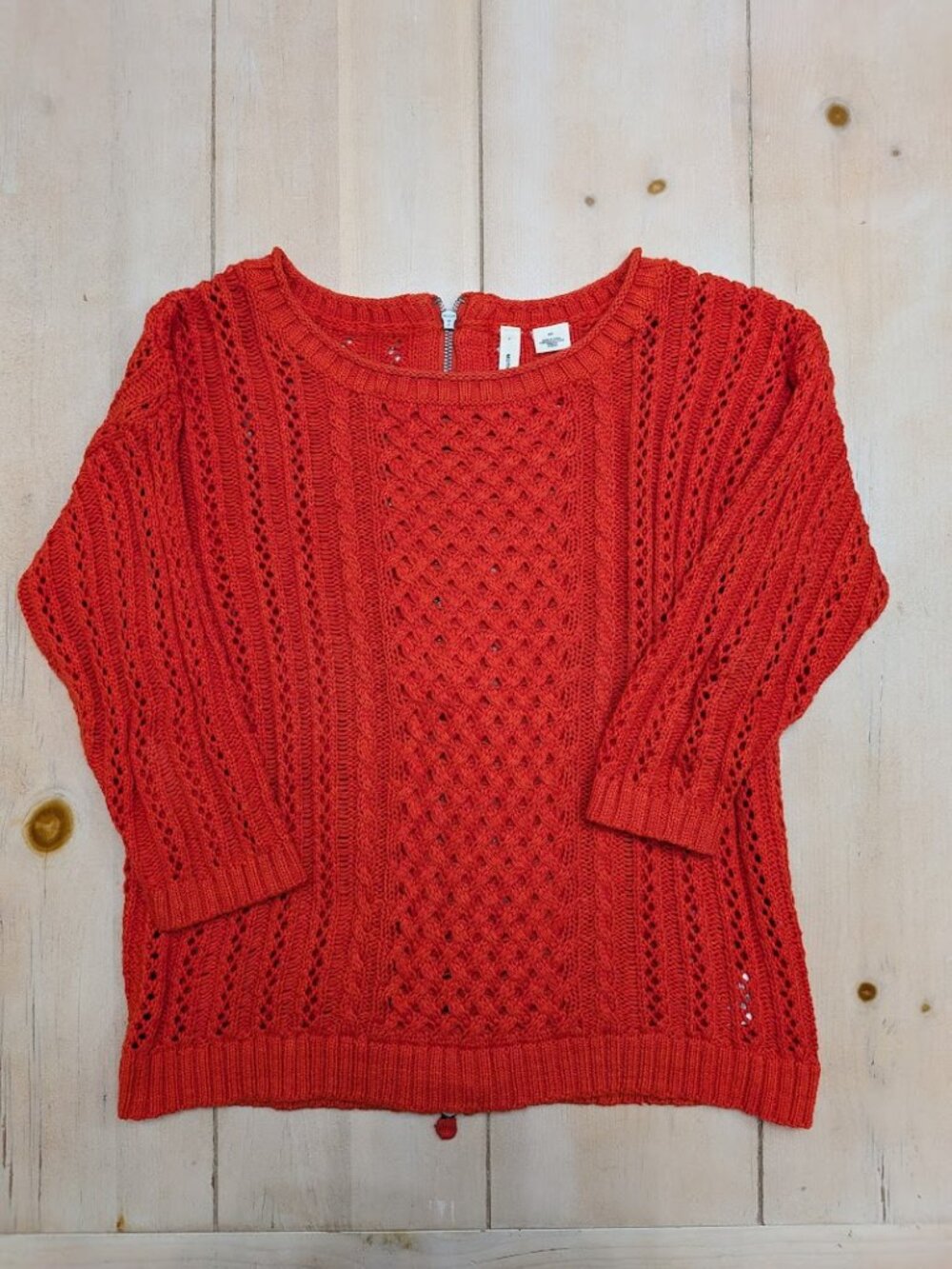 Vintage Moth Anthropologie S/P Coral Red Open Knit Sweater Back Zip Pullover